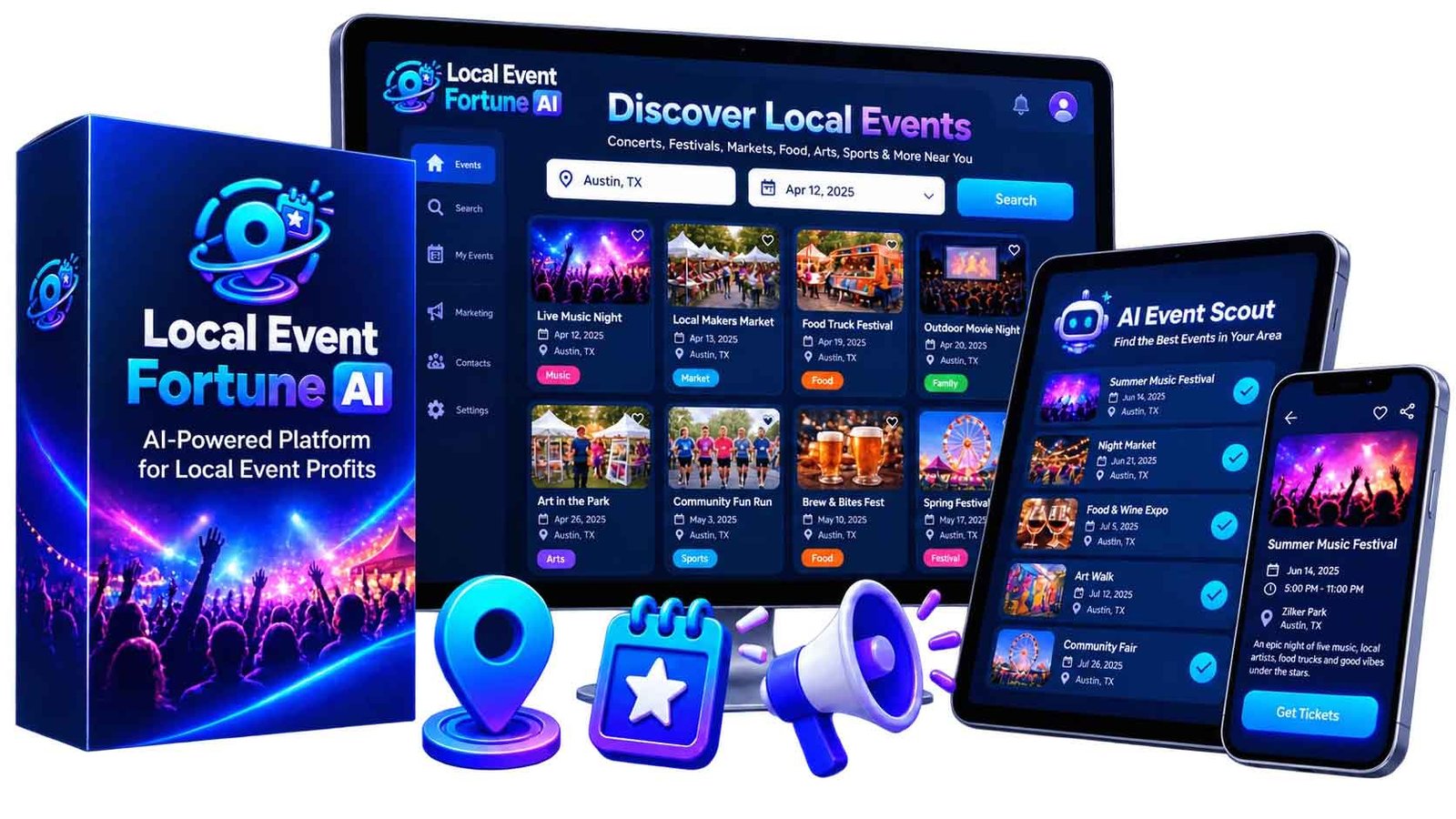 Local Event Fortune AI website platform and event promotion concept